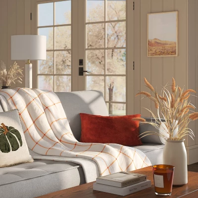 Windowpane Plush With Shearling Reverse Throw Blanket Cream/Orange - Threshold™ 1 Windowpane Plush With Shearling Reverse Throw Blanket Cream/Orange - Threshold™