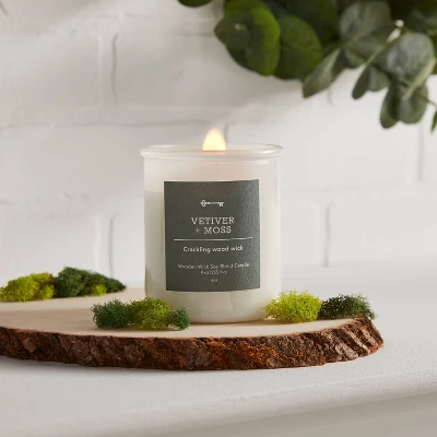 9oz Milky White Glass Woodwick Candle With Wood Lid And Stamped Logo Vetiver And Moss - Threshold™ 1 9oz Milky White Glass Woodwick Candle With Wood Lid And Stamped Logo Vetiver And Moss - Threshold™