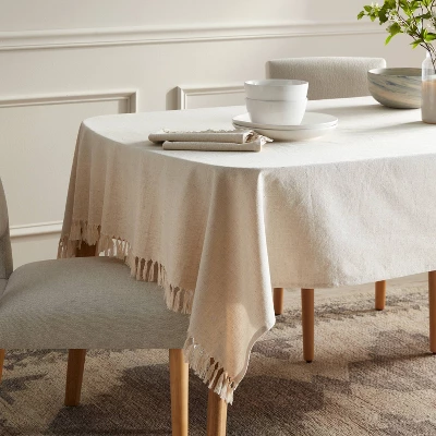 60" X 104" Cotton Slub Tablecloth With Tied Fringe Light Beige - Threshold™ 1 60" X 104" Cotton Slub Tablecloth With Tied Fringe Light Beige - Threshold™