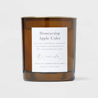 Clear Colored Glass With Woodwick And Brass Metal Inset Lid Honeycrisp Apple Cider Candle Yellow - Threshold™ 5 Clear Colored Glass With Woodwick And Brass Metal Inset Lid Honeycrisp Apple Cider Candle Yellow - Threshold™ - Image 5