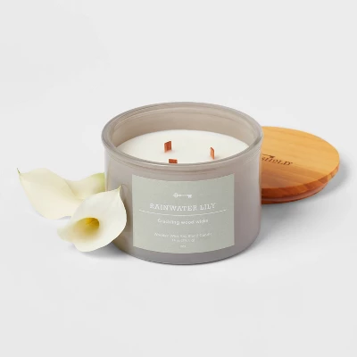 14oz Lidded Gray Glass Jar Crackling Wooden 3-Wick Candle With Paper Label Rainwater Lily - Threshold™ 2 14oz Lidded Gray Glass Jar Crackling Wooden 3-Wick Candle With Paper Label Rainwater Lily - Threshold™ - Image 2