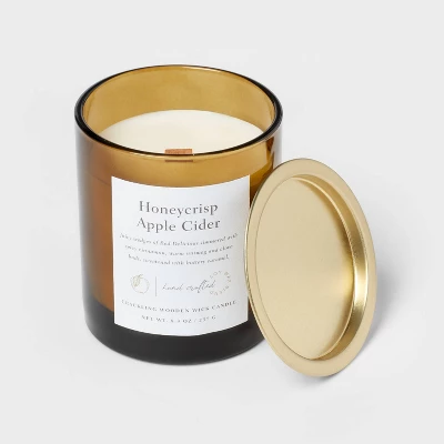 Clear Colored Glass With Woodwick And Brass Metal Inset Lid Honeycrisp Apple Cider Candle Yellow - Threshold™ 3 Clear Colored Glass With Woodwick And Brass Metal Inset Lid Honeycrisp Apple Cider Candle Yellow - Threshold™ - Image 3