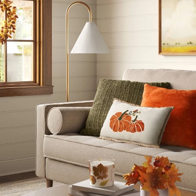 Printed Pumpkin With Blanket Stitch Edge Lumbar Throw Pillow Light Beige - Threshold™ 1 Printed Pumpkin With Blanket Stitch Edge Lumbar Throw Pillow Light Beige - Threshold™